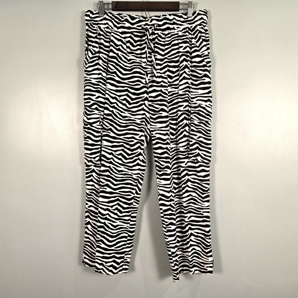 Jules & Leopold Zebra Print Cargo Pants Womens XL Linen Blend Drawstring Black